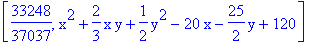 [33248/37037, x^2+2/3*x*y+1/2*y^2-20*x-25/2*y+120]